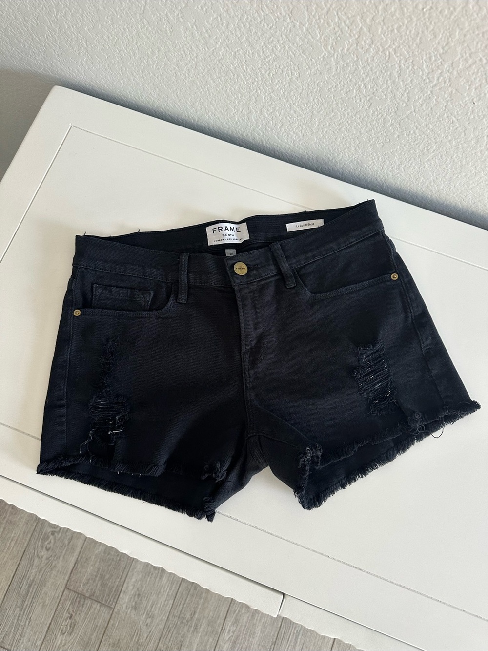 FRAME Le Cutoff Black Distressed Denim Shorts Size 26